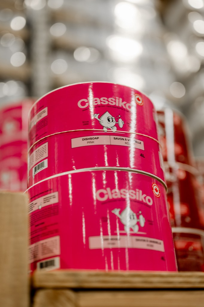 About 1 Pink dish soap canisters stacked.