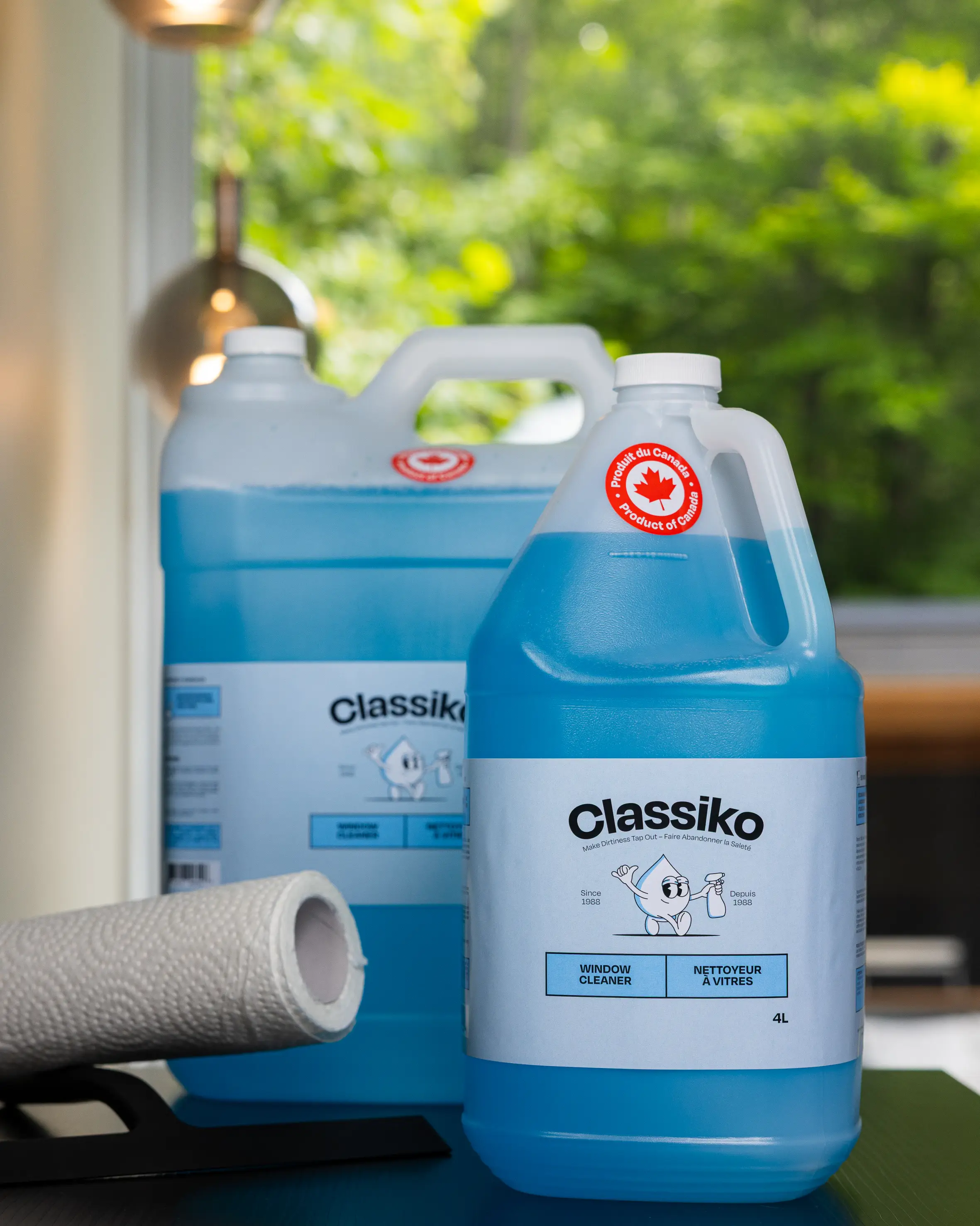Blue liquid window cleaner bottles